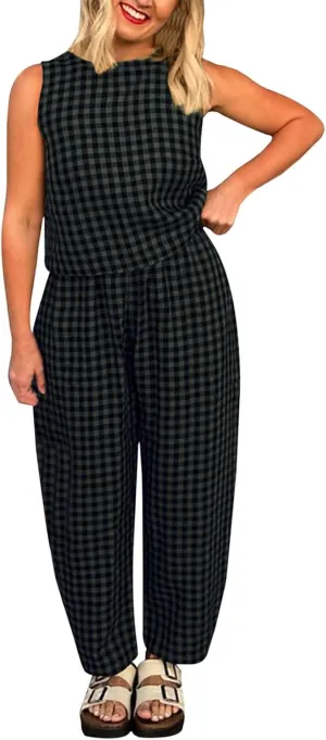 Womens Plaid 2 Pieces Lounge Pants Sets Y2K Sleeveless Gingham Crop Tank Top Outfits Baggy Wide Leg Barrel Loungewear Suits