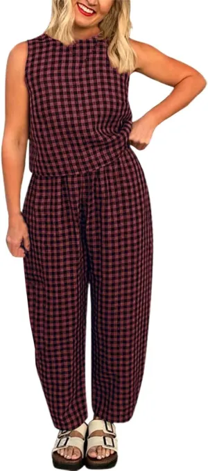 Womens Plaid 2 Pieces Lounge Pants Sets Y2K Sleeveless Gingham Crop Tank Top Outfits Baggy Wide Leg Barrel Loungewear Suits