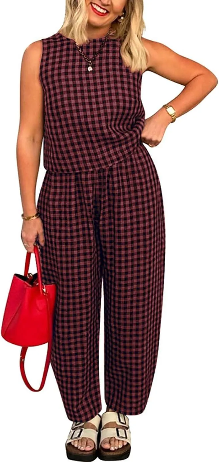 Womens Plaid 2 Pieces Lounge Pants Sets Y2K Sleeveless Gingham Crop Tank Top Outfits Baggy Wide Leg Barrel Loungewear Suits