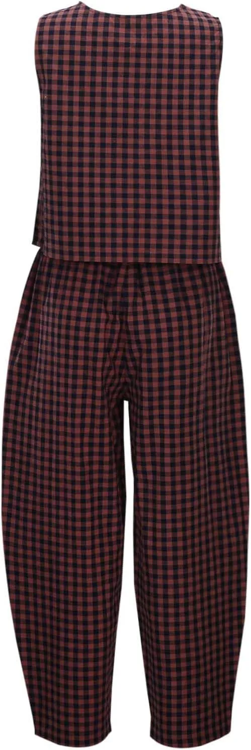 Womens Plaid 2 Pieces Lounge Pants Sets Y2K Sleeveless Gingham Crop Tank Top Outfits Baggy Wide Leg Barrel Loungewear Suits