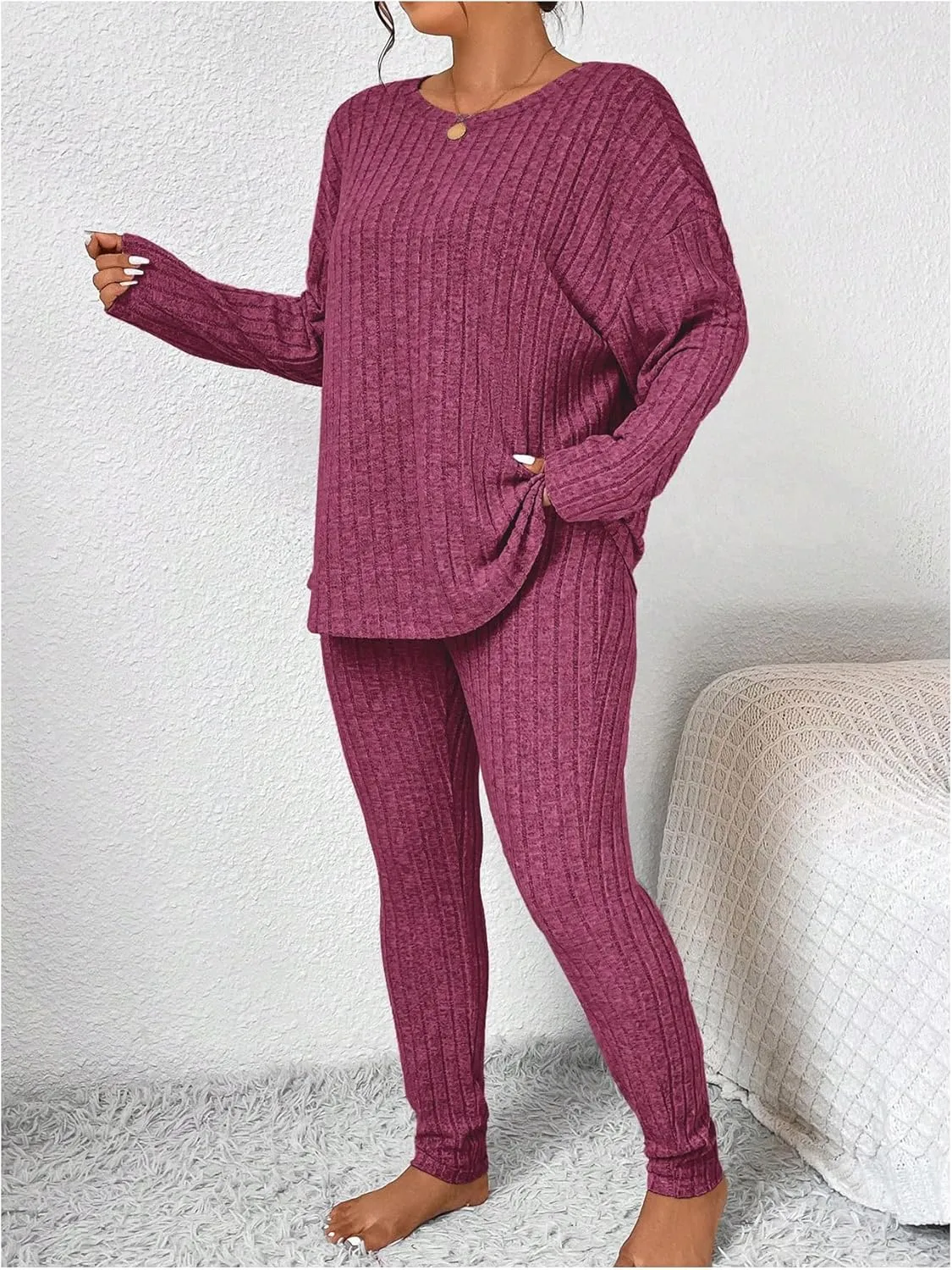 Women's Plus Size 2 Piece Outfits Ribbed Knit Long Sleeve Tee Shirts and Leggings Lounge Sets