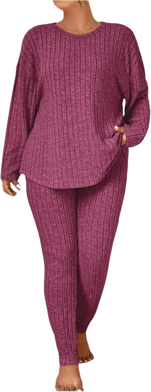 Women's Plus Size 2 Piece Outfits Ribbed Knit Long Sleeve Tee Shirts and Leggings Lounge Sets