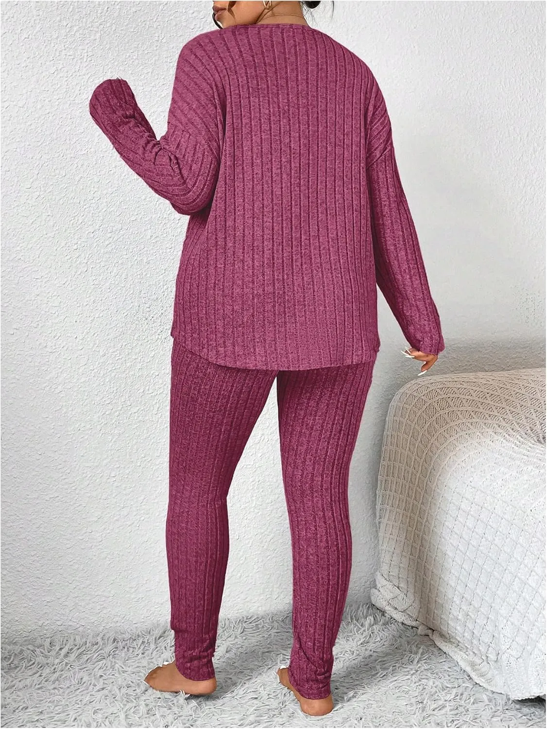 Women's Plus Size 2 Piece Outfits Ribbed Knit Long Sleeve Tee Shirts and Leggings Lounge Sets