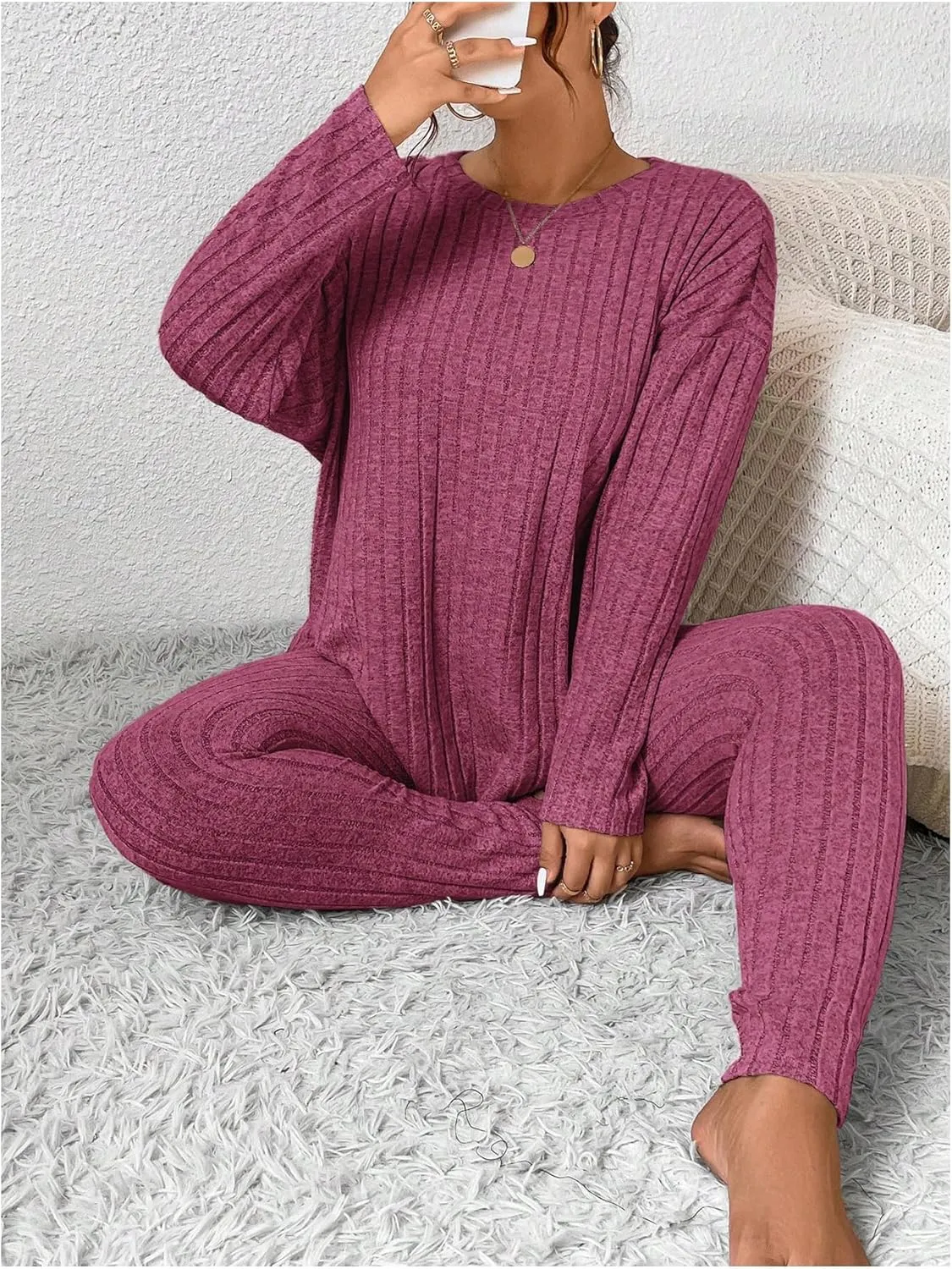 Women's Plus Size 2 Piece Outfits Ribbed Knit Long Sleeve Tee Shirts and Leggings Lounge Sets