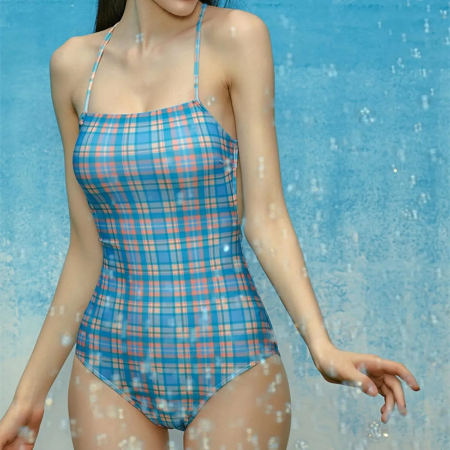 Women's Printed Checkered One Piece Swimsuit, Backless, Tummy Control Cutout for Beach, Vacation