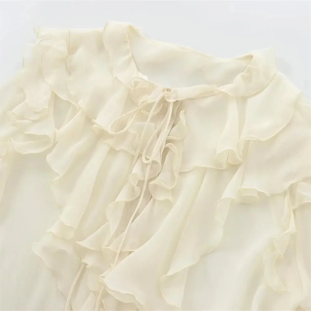 Women's Ruffled Lace Up Layered Shirt Casual Semi Round Neck Long Sleeved Shirts Tops