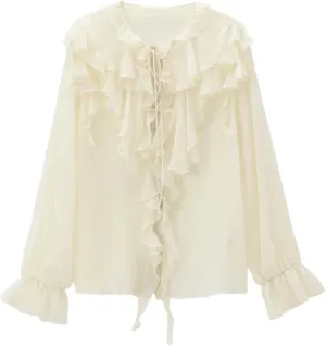 Women's Ruffled Lace Up Layered Shirt Casual Semi Round Neck Long Sleeved Shirts Tops