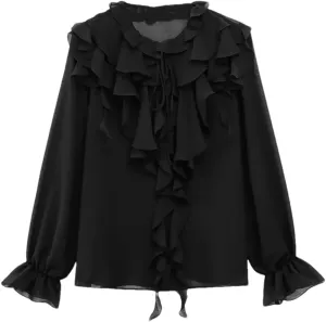 Women's Ruffled Lace Up Layered Shirt Casual Semi Round Neck Long Sleeved Shirts Tops
