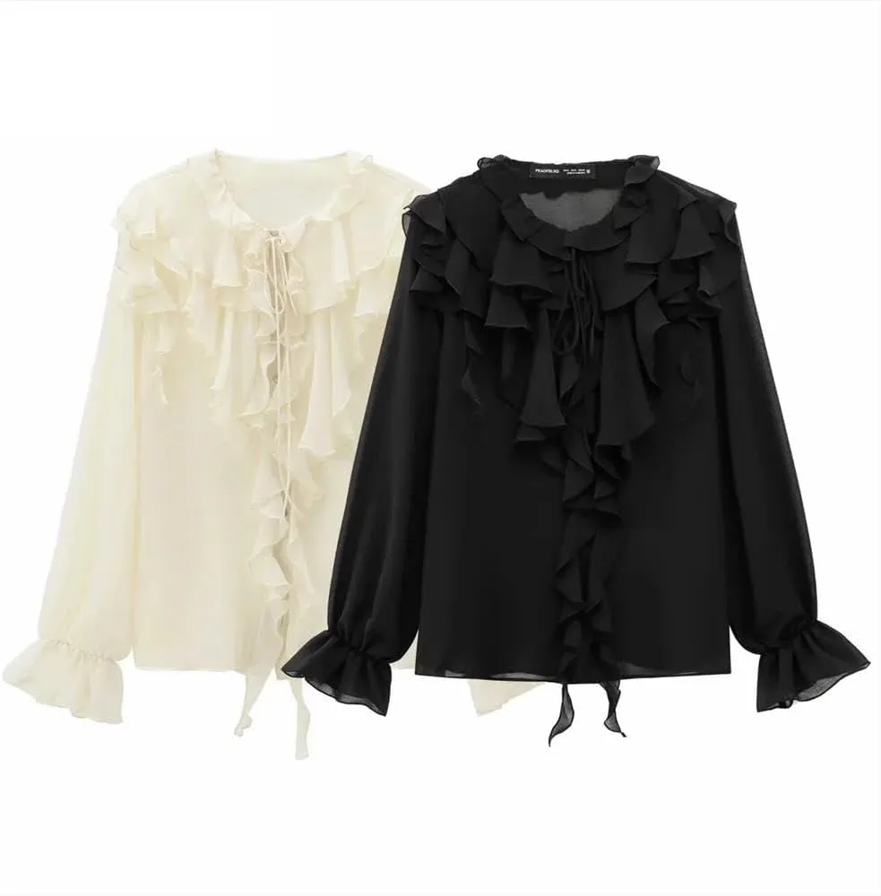 Women's Ruffled Lace Up Layered Shirt Casual Semi Round Neck Long Sleeved Shirts Tops