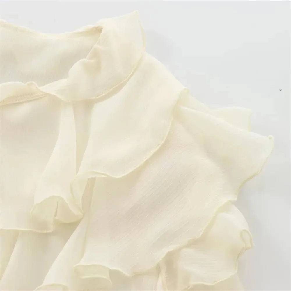 Women's Ruffled Lace Up Layered Shirt Casual Semi Round Neck Long Sleeved Shirts Tops