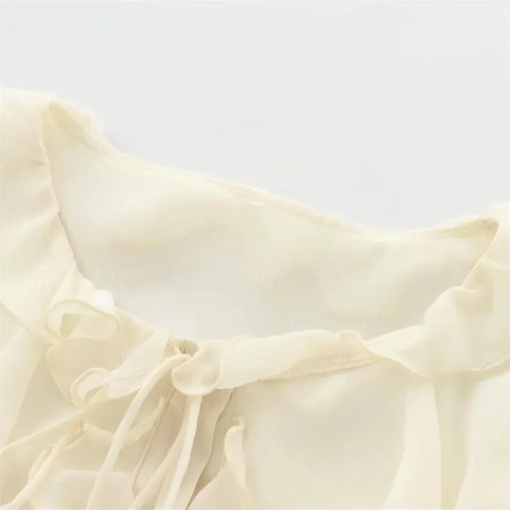Women's Ruffled Lace Up Layered Shirt Casual Semi Round Neck Long Sleeved Shirts Tops