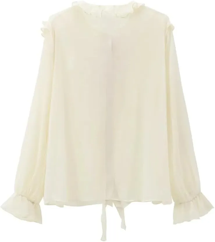 Women's Ruffled Lace Up Layered Shirt Casual Semi Round Neck Long Sleeved Shirts Tops