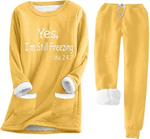 Womens Sherpa Lined Lounge Set 2 Piece Outfits Fleece Pullover Tops with Pants Loungewear Soft Warm Cozy Pajamas Sets