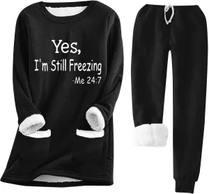 Womens Sherpa Lined Lounge Set 2 Piece Outfits Fleece Pullover Tops with Pants Loungewear Soft Warm Cozy Pajamas Sets