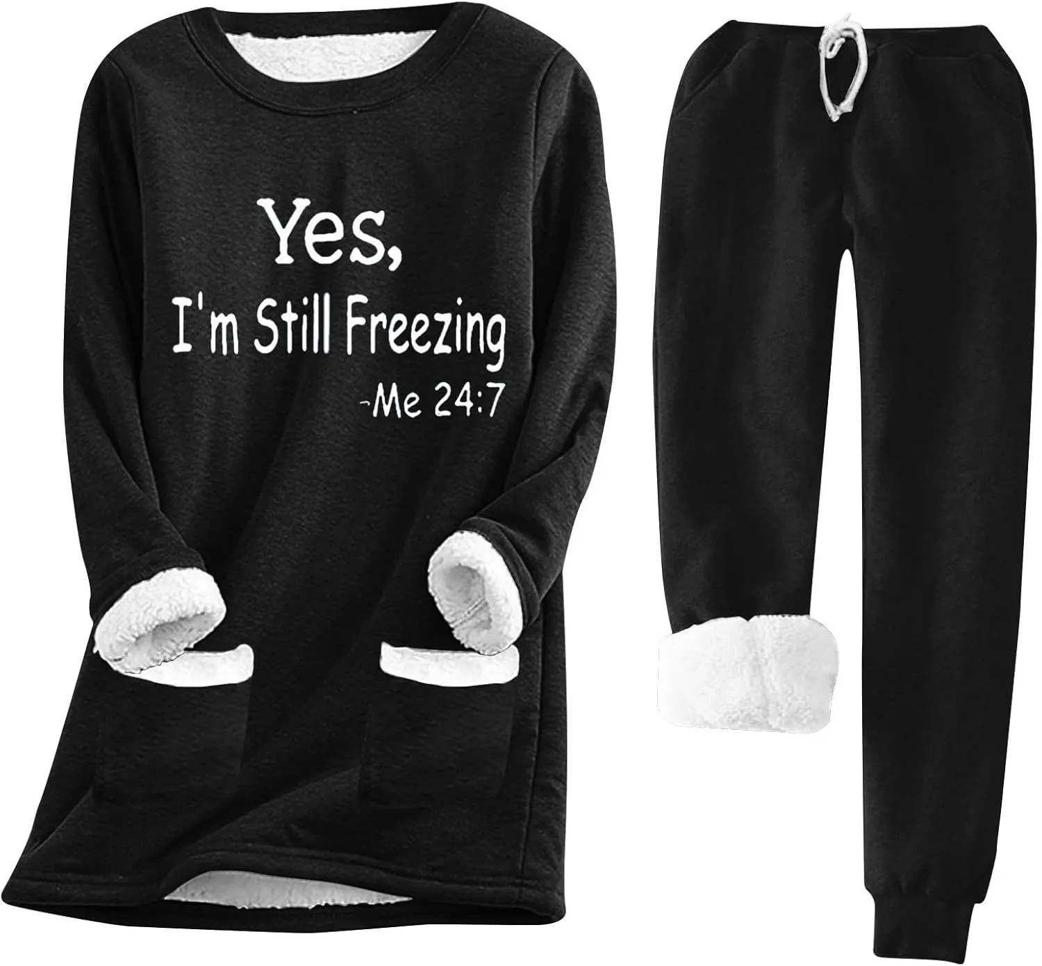 Womens Sherpa Lined Lounge Set 2 Piece Outfits Fleece Pullover Tops with Pants Loungewear Soft Warm Cozy Pajamas Sets
