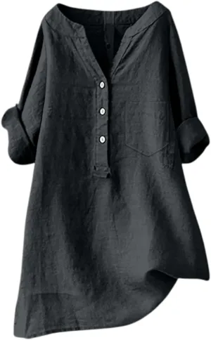 Women's Short Sleeve Linen Shirts Casual V Neck Plus Size T-Shirt Button Down Loose Summer Tee Top