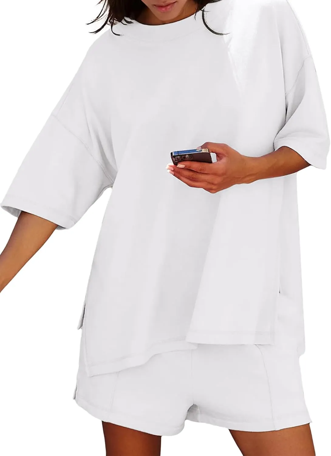 Womens Shorts Sets 2 Piece Outfits Summer 2025 Half Sleeve Crew Neck Cotton Lounge Sets Matching Clothing