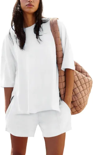 Womens Shorts Sets 2 Piece Outfits Summer 2025 Half Sleeve Crew Neck Cotton Lounge Sets Matching Clothing