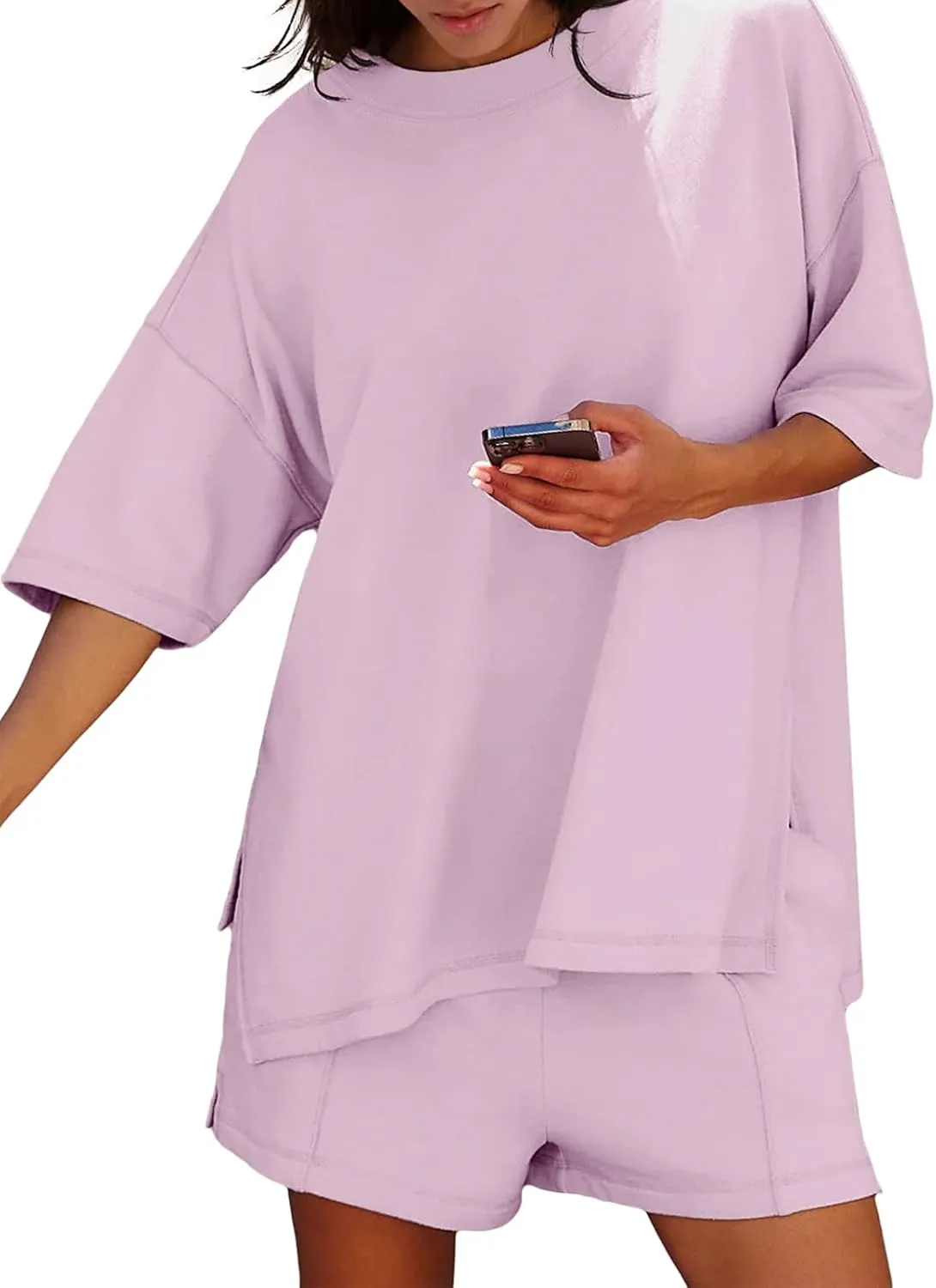 Womens Shorts Sets 2 Piece Outfits Summer 2025 Half Sleeve Crew Neck Cotton Lounge Sets Matching Clothing