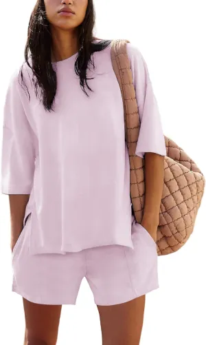 Womens Shorts Sets 2 Piece Outfits Summer 2025 Half Sleeve Crew Neck Cotton Lounge Sets Matching Clothing