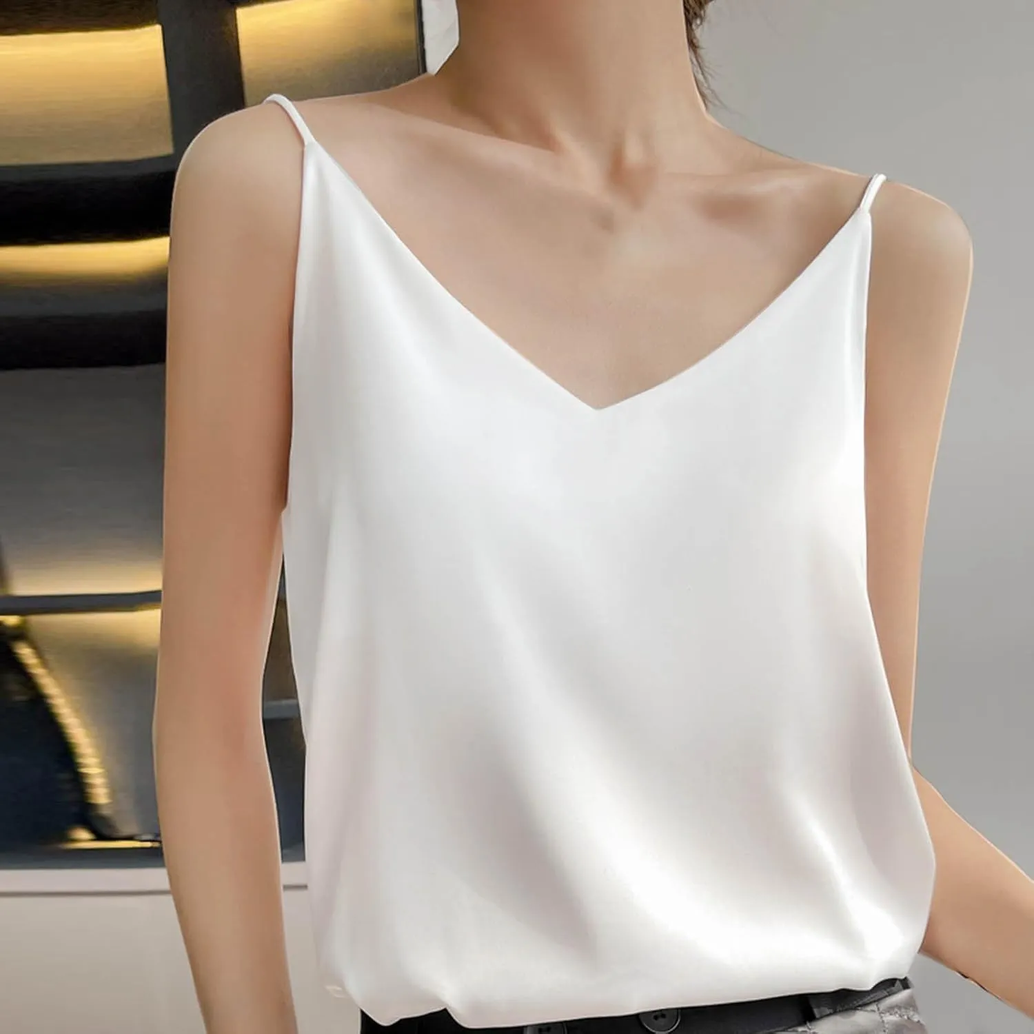 Womens Silk Satin Cami Tops Summer Cute Spaghetti Strap Camisole Sleeveless V Neck Basic Crop Tank Shirt Loungewear