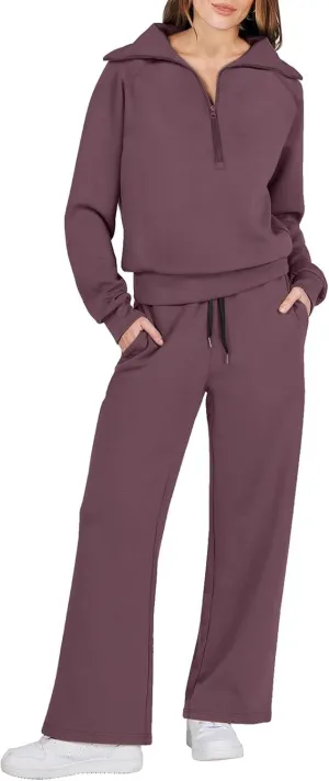 Womens Silk Satin Pajamas Set Women Two Outfits Sweatsuit Set Quarter Zip Oversized Sweatshirt Wide Leg Sweatpant