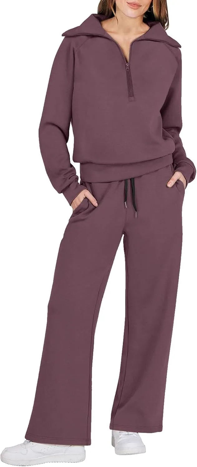 Womens Silk Satin Pajamas Set Women Two Outfits Sweatsuit Set Quarter Zip Oversized Sweatshirt Wide Leg Sweatpant