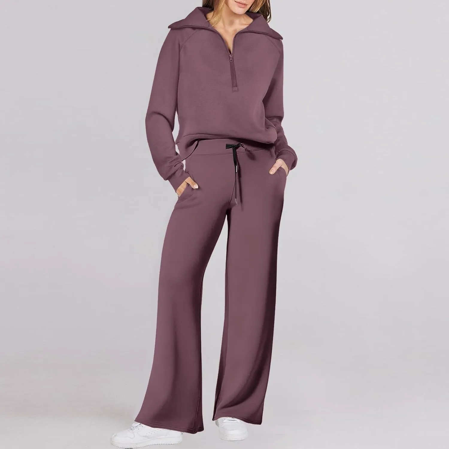 Womens Silk Satin Pajamas Set Women Two Outfits Sweatsuit Set Quarter Zip Oversized Sweatshirt Wide Leg Sweatpant