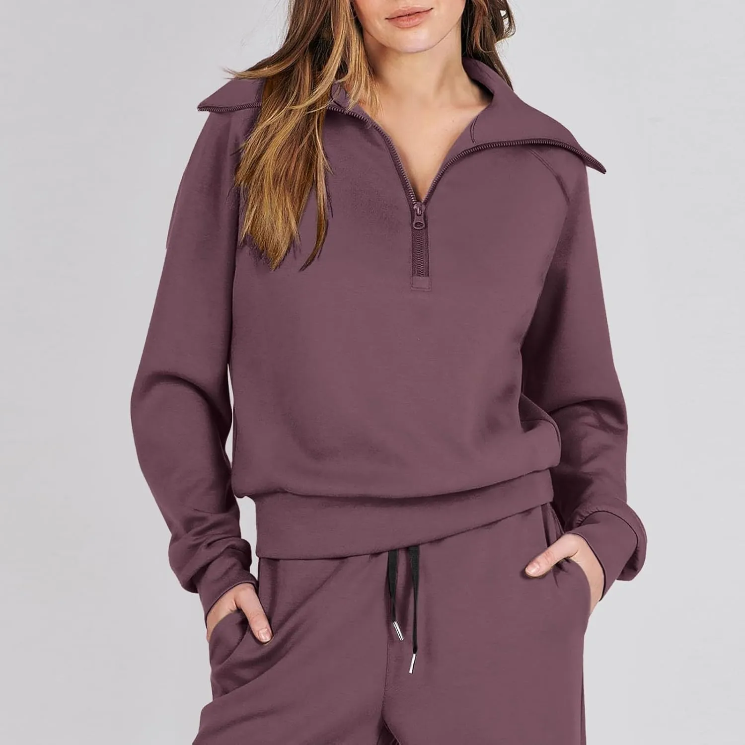 Womens Silk Satin Pajamas Set Women Two Outfits Sweatsuit Set Quarter Zip Oversized Sweatshirt Wide Leg Sweatpant