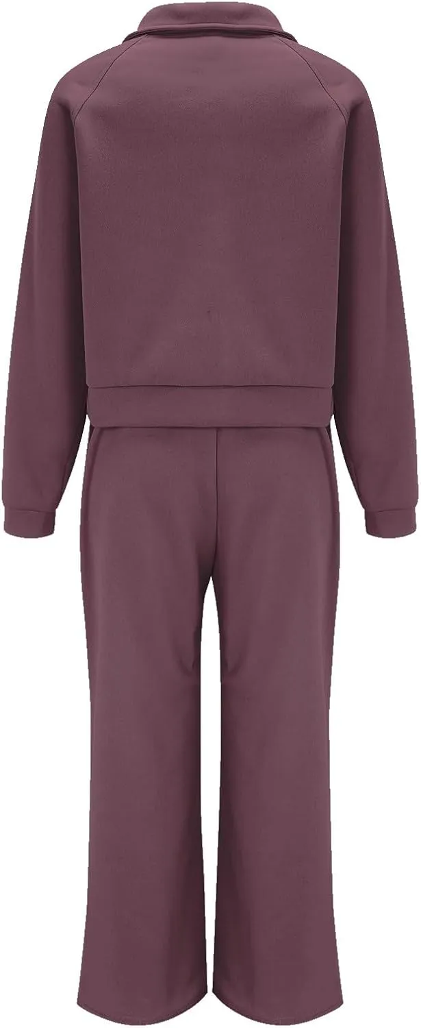 Womens Silk Satin Pajamas Set Women Two Outfits Sweatsuit Set Quarter Zip Oversized Sweatshirt Wide Leg Sweatpant