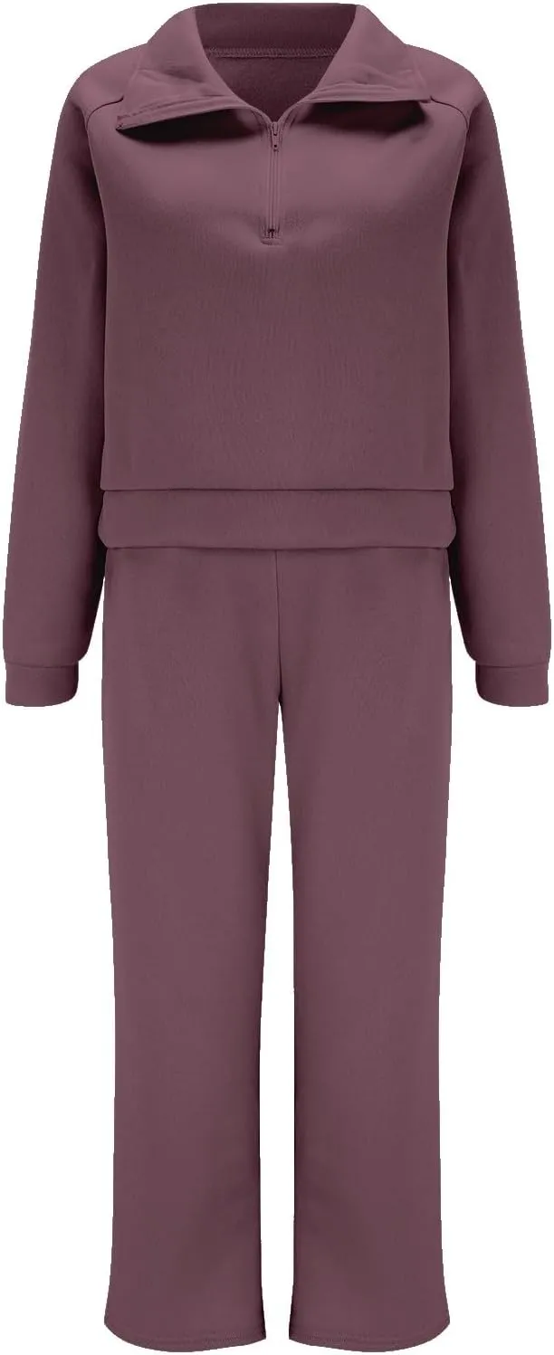 Womens Silk Satin Pajamas Set Women Two Outfits Sweatsuit Set Quarter Zip Oversized Sweatshirt Wide Leg Sweatpant