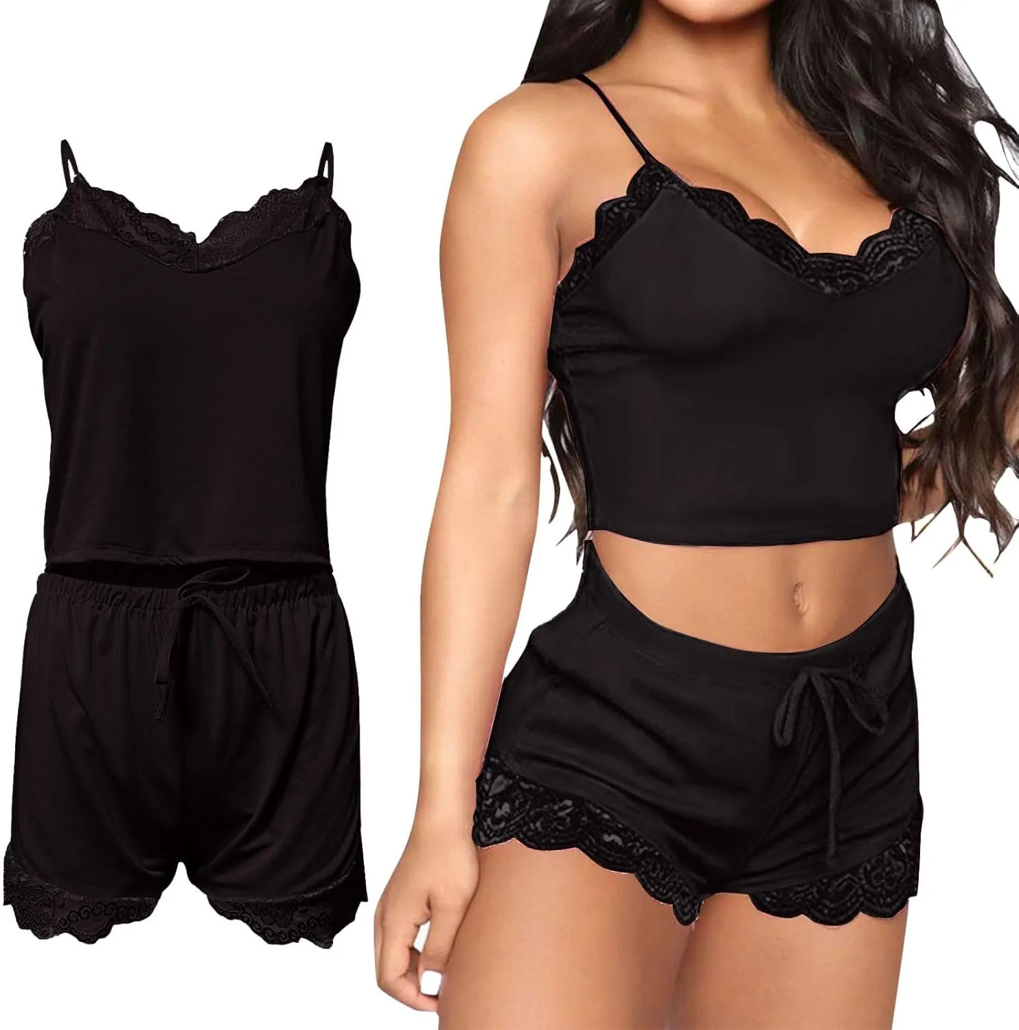 Women's Sleepwear Lace Pajamas V Neck Sleeveless Cami Shirt Shorts Pajama 2PC Drawstring Waist Nightwear Comfywear PJ