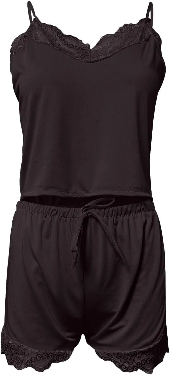 Women's Sleepwear Lace Pajamas V Neck Sleeveless Cami Shirt Shorts Pajama 2PC Drawstring Waist Nightwear Comfywear PJ