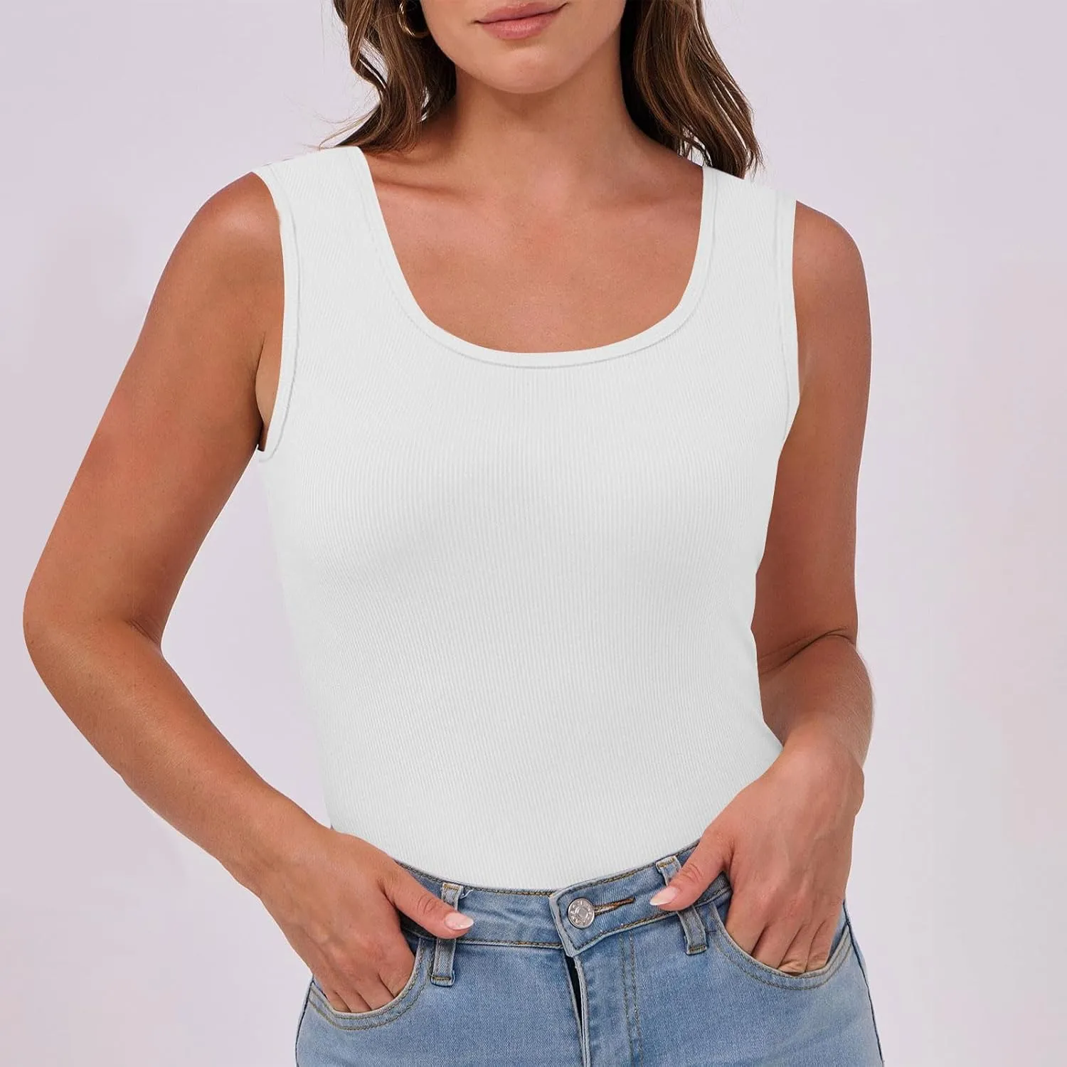 Women's Sleeveless Tank Tops Square Neck Ribbed Knit Tanks Slim Fit Basic Cami Shirts Workout Exercise Clothes