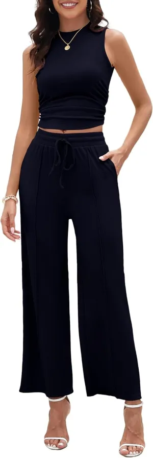Women's Summer 2 Piece Outfits Ribbed Knit Lounge Sets Ruched Sleeveless Cropped Top Casual Wide Legs Pants