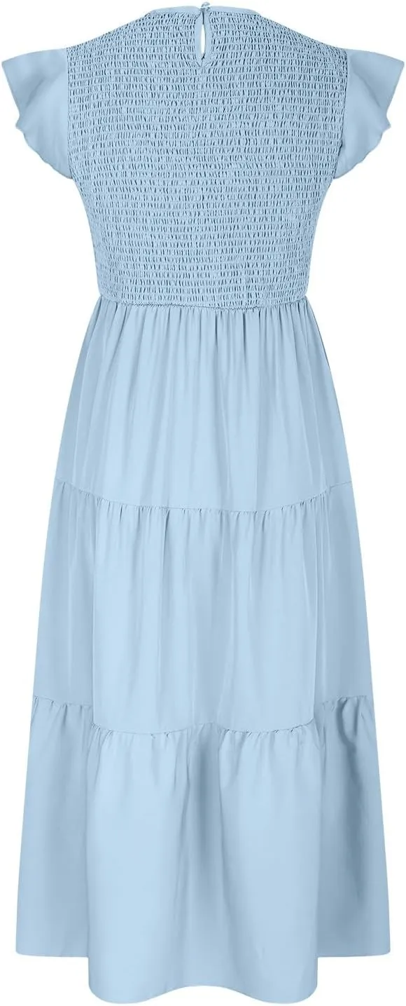 Women's Summer Flowy Midi Dress Casual Cap Sleeve Crew Neck Smocked Beach Dress High Waist Tiered A-Line Sundress