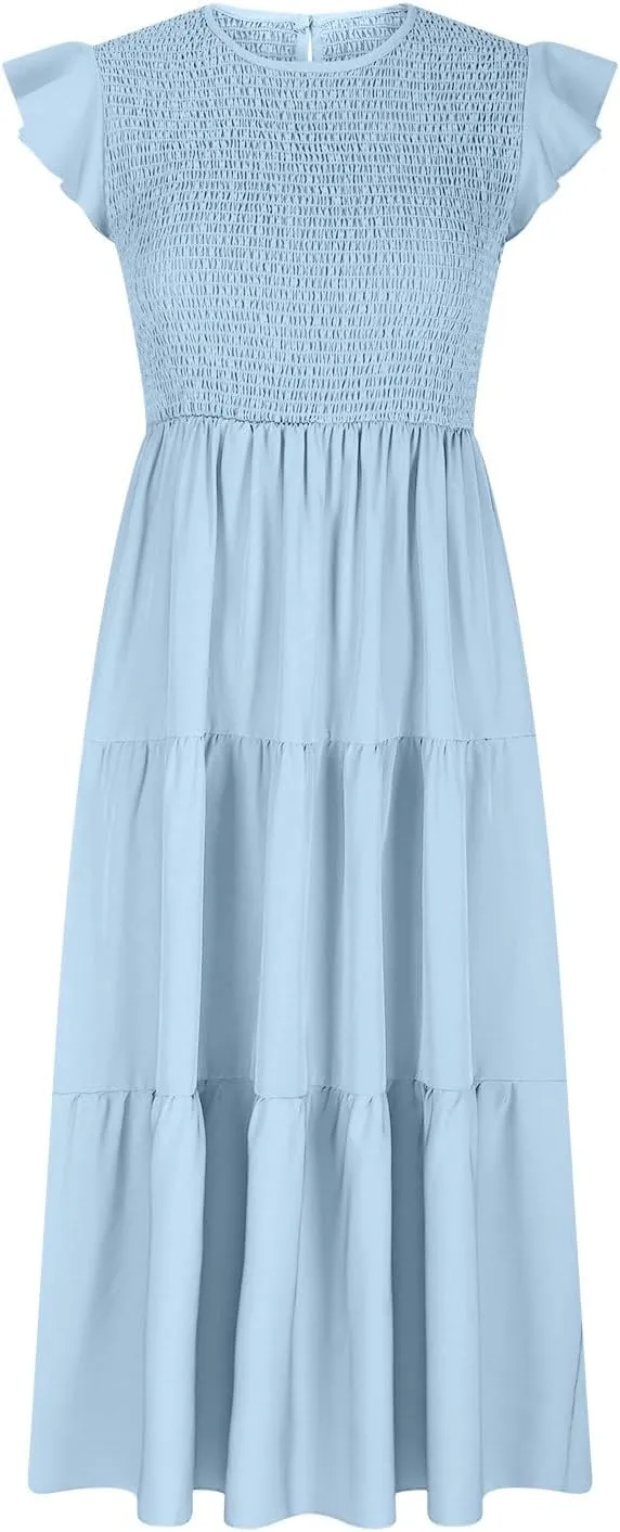 Women's Summer Flowy Midi Dress Casual Cap Sleeve Crew Neck Smocked Beach Dress High Waist Tiered A-Line Sundress