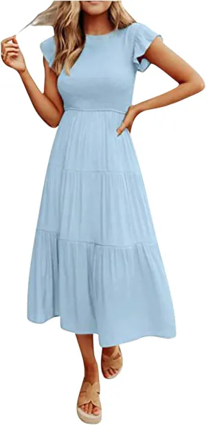 Women's Summer Flowy Midi Dress Casual Cap Sleeve Crew Neck Smocked Beach Dress High Waist Tiered A-Line Sundress