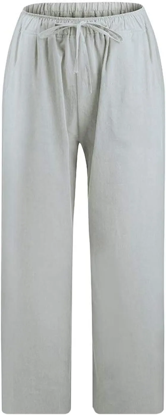 Women's Summer Linen Pants Wide Leg Capri Pants Drawstring Beach Pants Loose Casual Pants High Waisted Travel Pants