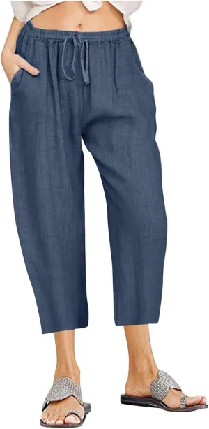 Women's Summer Linen Pants Wide Leg Capri Pants Drawstring Beach Pants Loose Casual Pants High Waisted Travel Pants