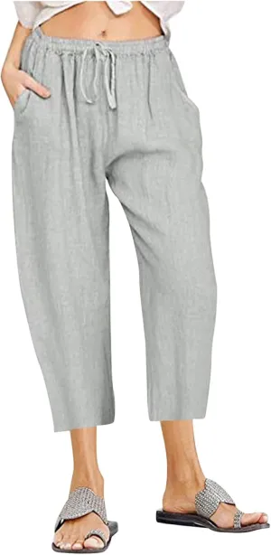 Women's Summer Linen Pants Wide Leg Capri Pants Drawstring Beach Pants Loose Casual Pants High Waisted Travel Pants