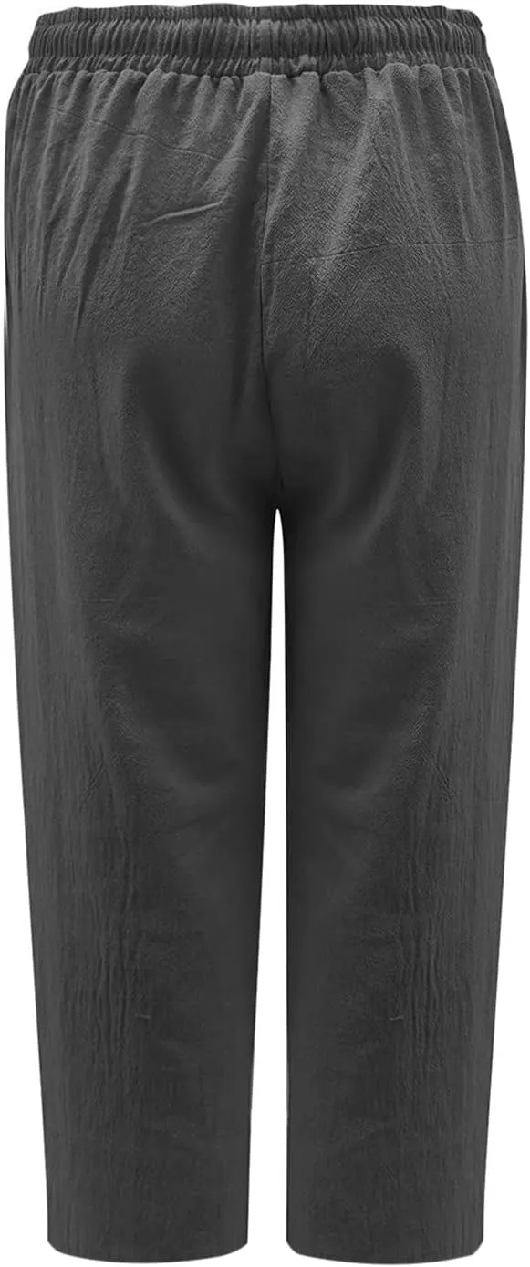 Women's Summer Linen Pants Wide Leg Capri Pants Drawstring Beach Pants Loose Casual Pants High Waisted Travel Pants