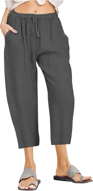 Women's Summer Linen Pants Wide Leg Capri Pants Drawstring Beach Pants Loose Casual Pants High Waisted Travel Pants
