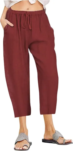 Women's Summer Linen Pants Wide Leg Capri Pants Drawstring Beach Pants Loose Casual Pants High Waisted Travel Pants