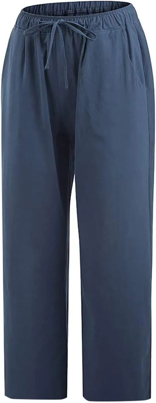 Women's Summer Linen Pants Wide Leg Capri Pants Drawstring Beach Pants Loose Casual Pants High Waisted Travel Pants