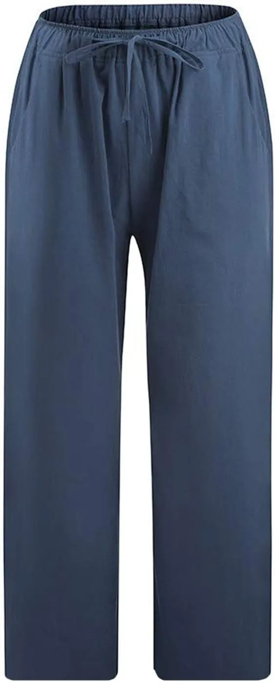Women's Summer Linen Pants Wide Leg Capri Pants Drawstring Beach Pants Loose Casual Pants High Waisted Travel Pants