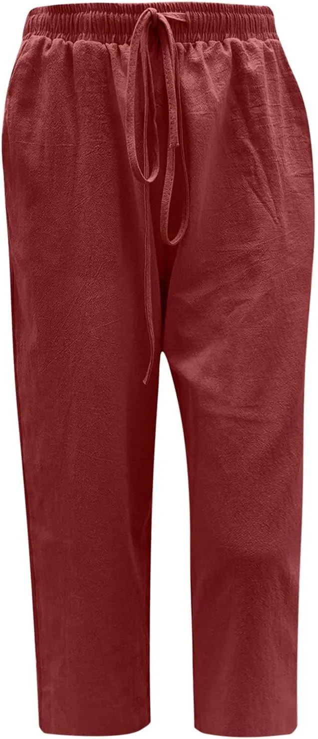 Women's Summer Linen Pants Wide Leg Capri Pants Drawstring Beach Pants Loose Casual Pants High Waisted Travel Pants