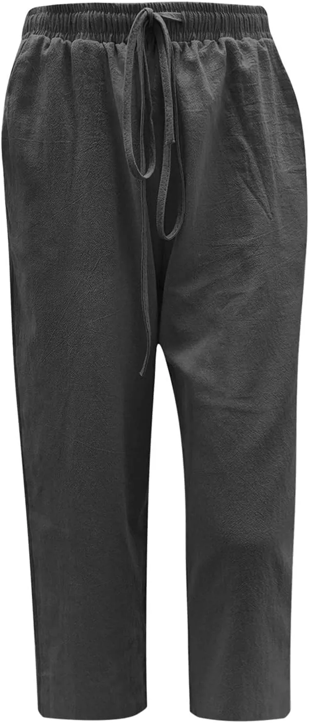 Women's Summer Linen Pants Wide Leg Capri Pants Drawstring Beach Pants Loose Casual Pants High Waisted Travel Pants