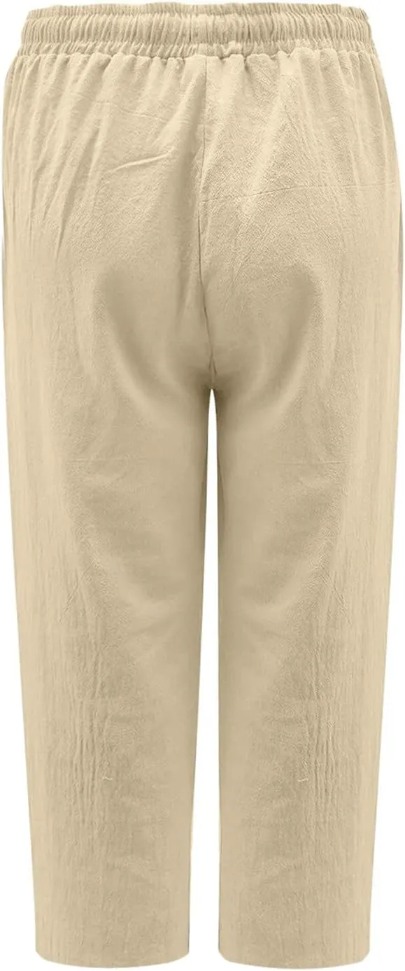 Women's Summer Linen Pants Wide Leg Capri Pants Drawstring Beach Pants Loose Casual Pants High Waisted Travel Pants