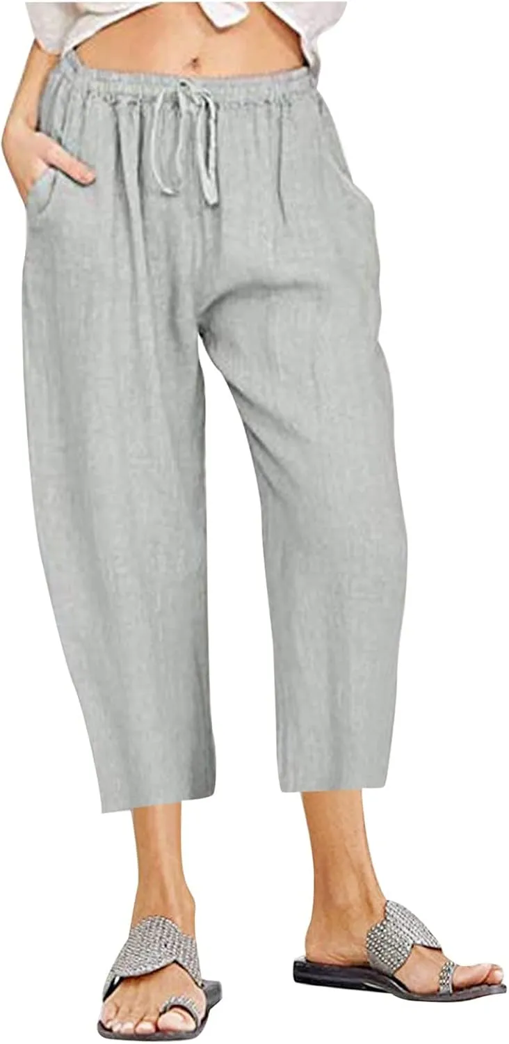 Women's Summer Linen Pants Wide Leg Capri Pants Drawstring Beach Pants Loose Casual Pants High Waisted Travel Pants